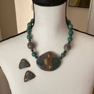 Agate and Malachite Necklace & Earrings Set with Sterling Clasp